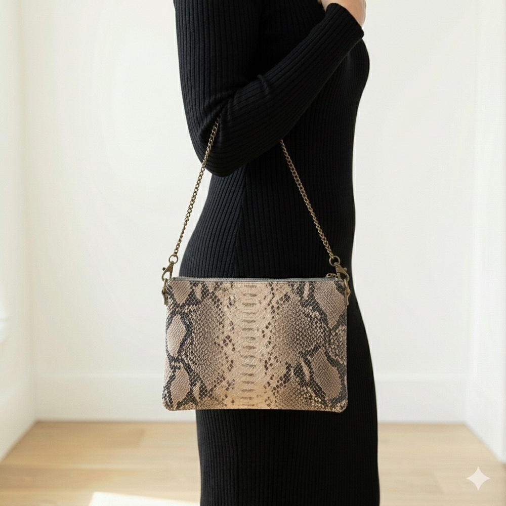 Ameska Paris animal snake print leather 3-in-1 shoulder crossbody clutch bag NWT